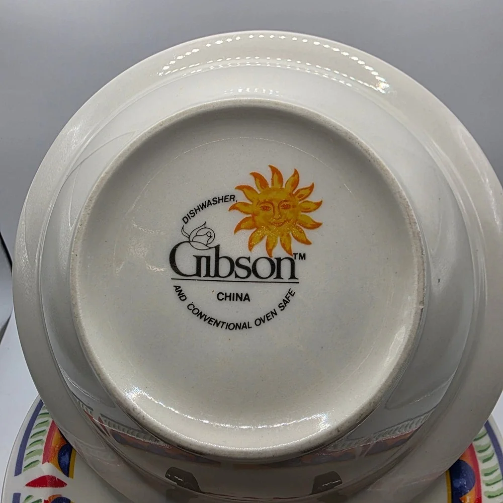 Gibson China Sunface Cereal Bowls Set of 6 White Blue Yellow Celestial Sun 8in
